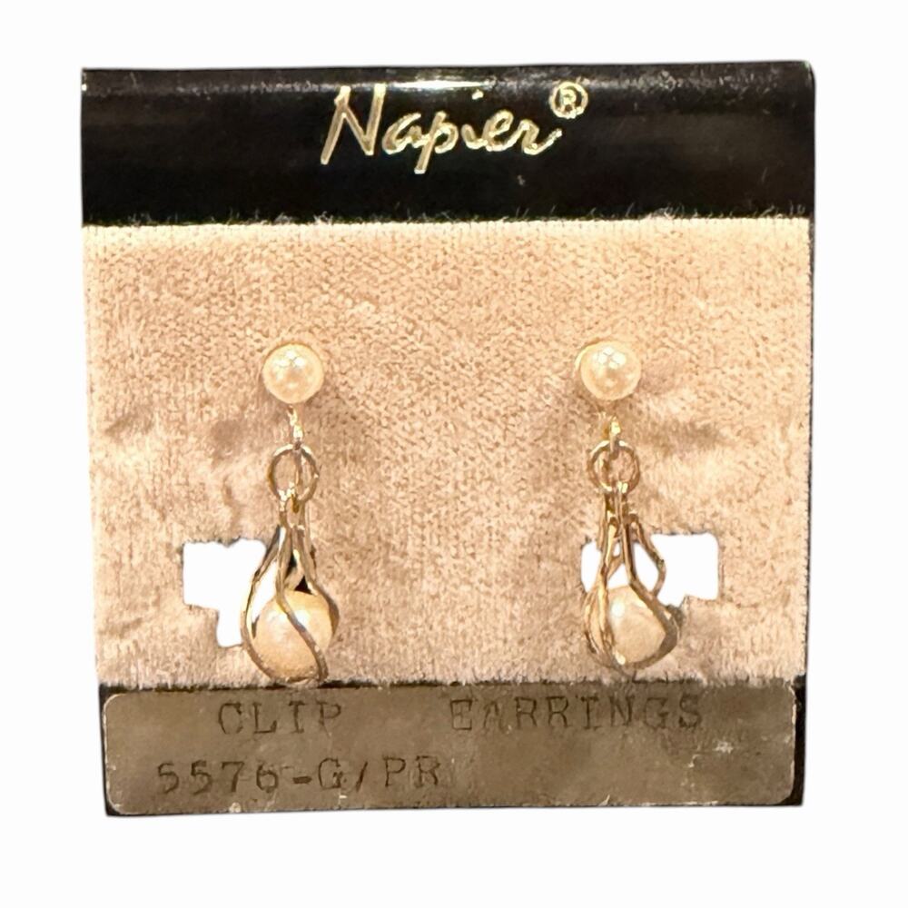 Vintage 1950s Napier Caged Faux Pearl Gold Tone Dangle Screw Back Earrings
